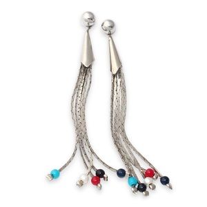 Southwestern Silver Tone Long Fringe Tassel Earrings Blue Red Beads Ear Jacket